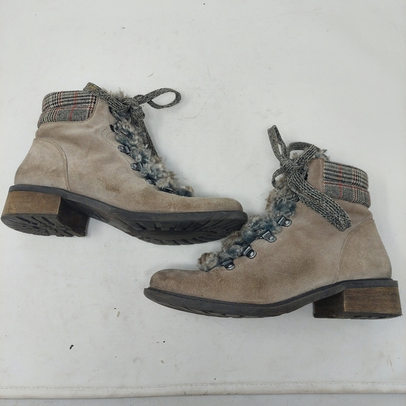 Sam Edelman Darrah Sand Taupe Suede Faux Fur Plaid Ankle Boots Block Heel Size 8 - Picture 5 of 11